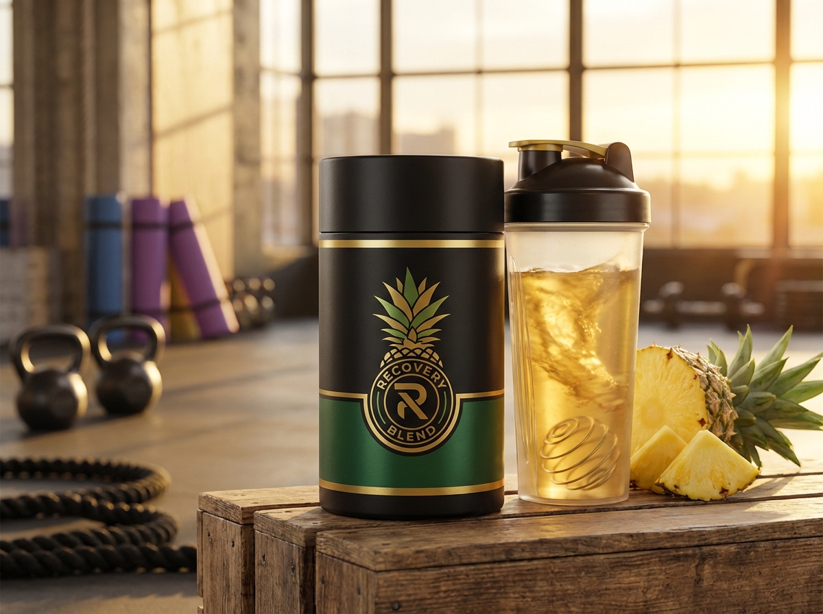 Container of Bromelain Recovery Blend with shaker bottle and fresh pineapple slices