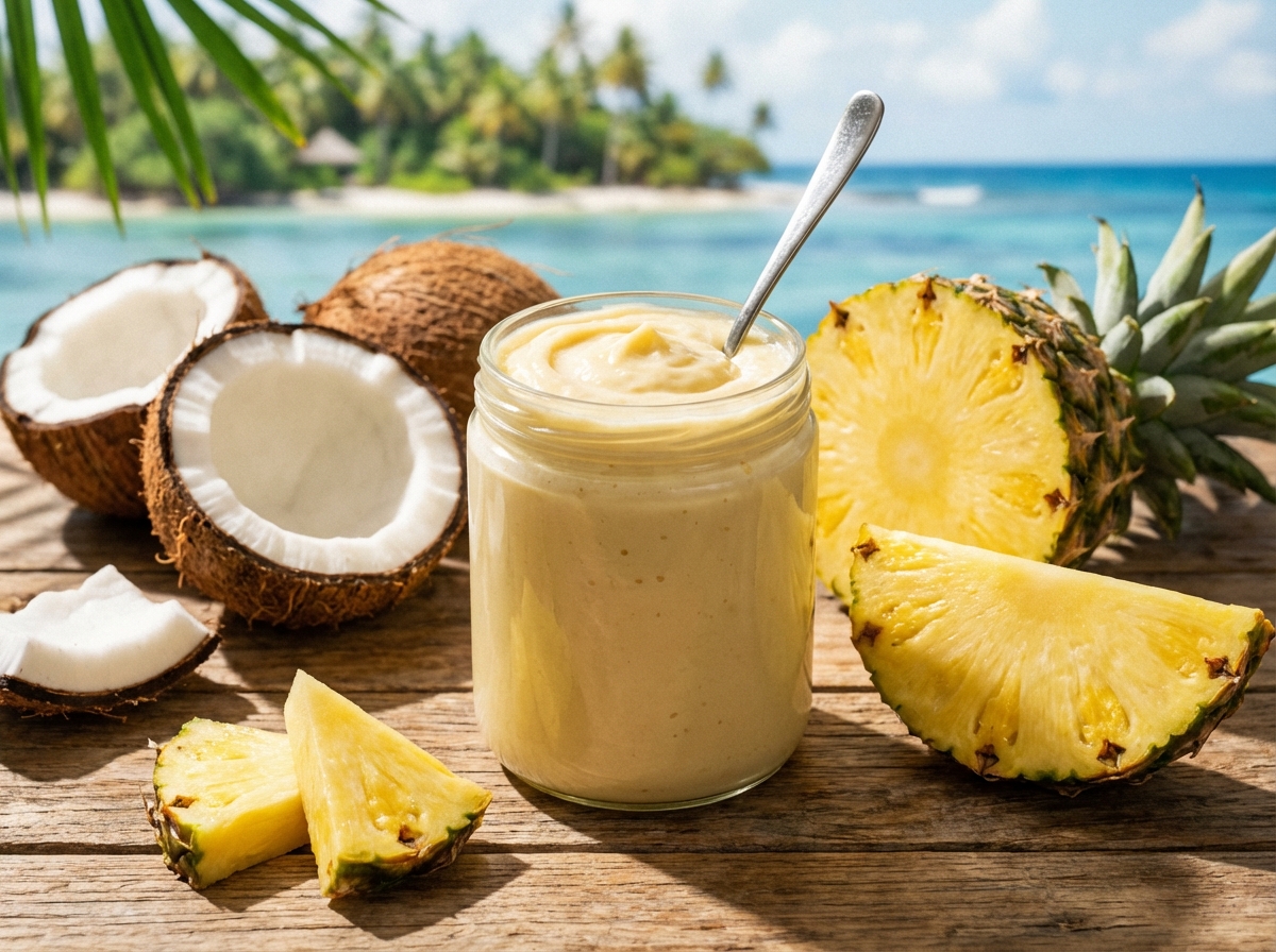 Jar of coconut pineapple cream with halved coconut and pineapple slices in tropical light