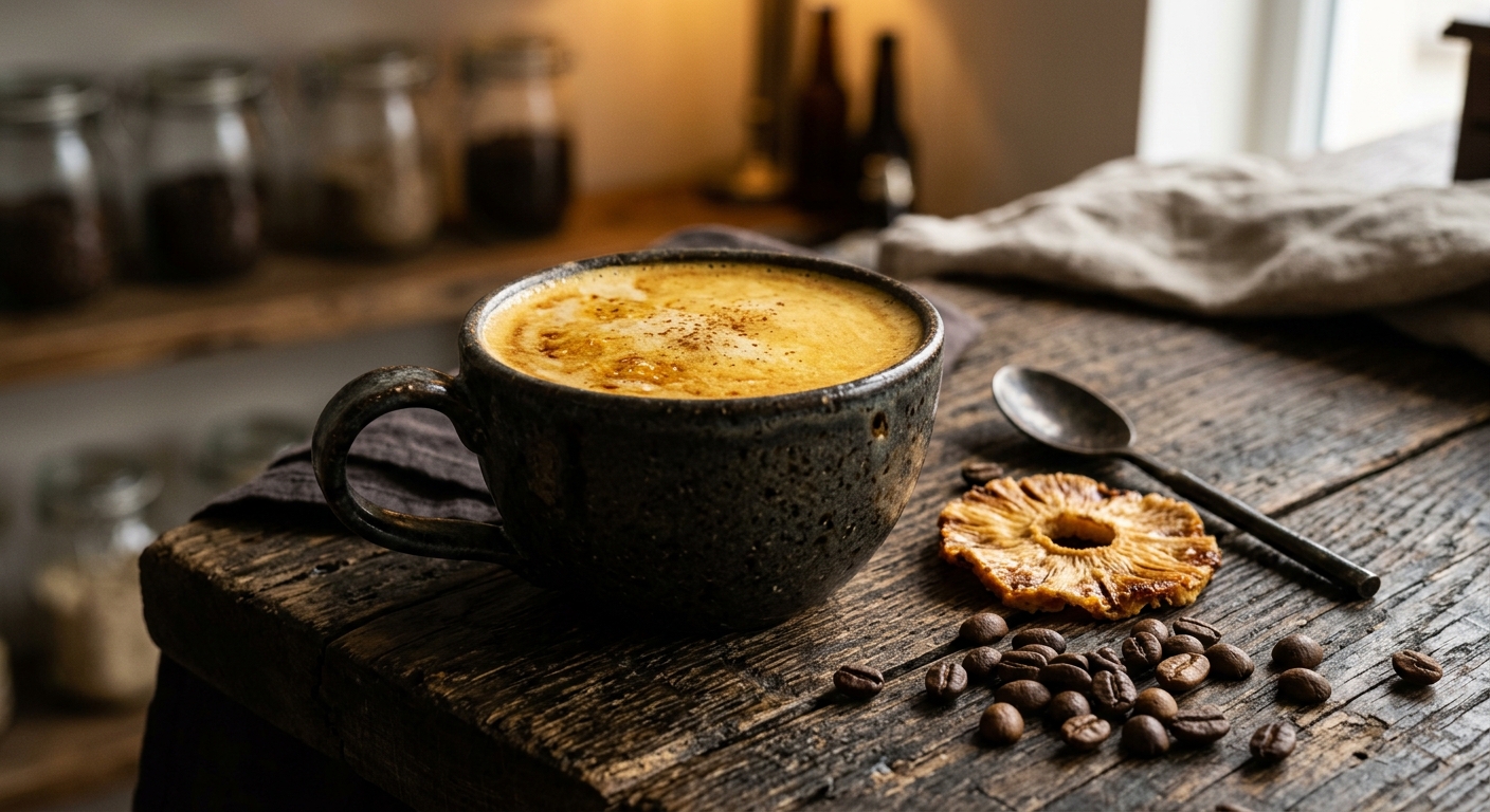 Coffee beans with pineapple elements in warm tones