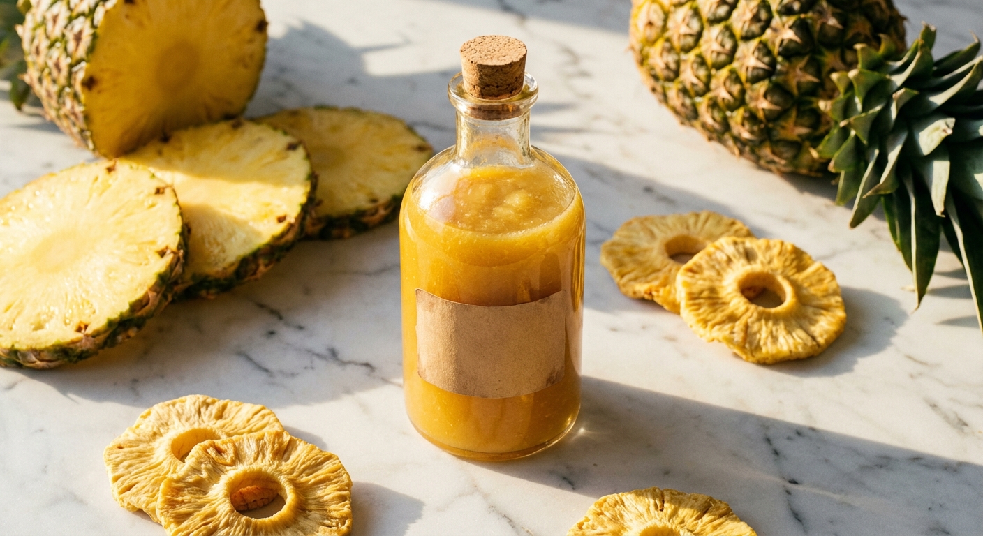 Glass bottle of golden pineapple concentrate on marble surface
