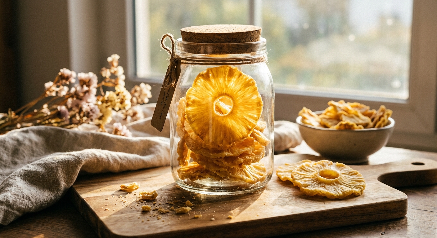 Golden dried pineapple rings in a glass jar on wooden board