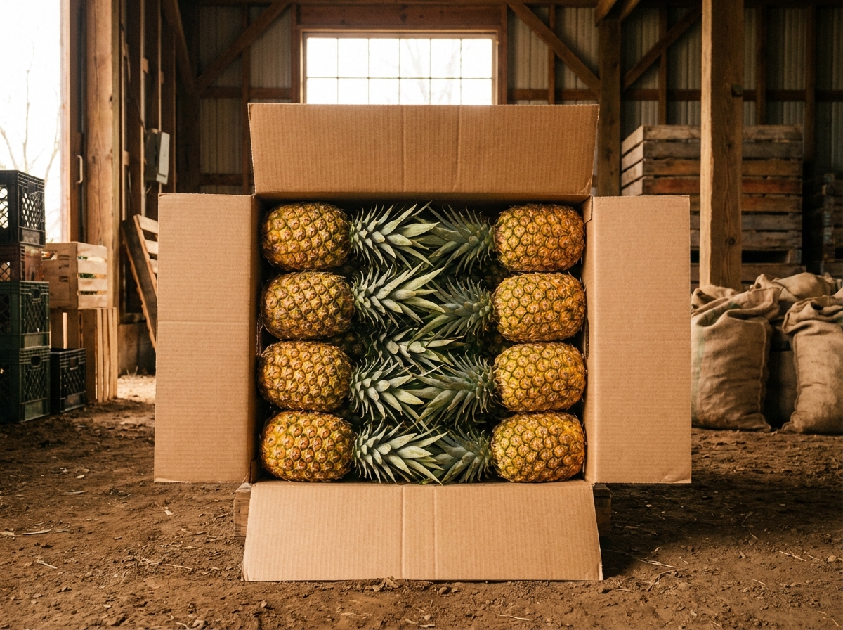 Full case of fresh MD2 pineapples stacked in a shipping box in a farm warehouse