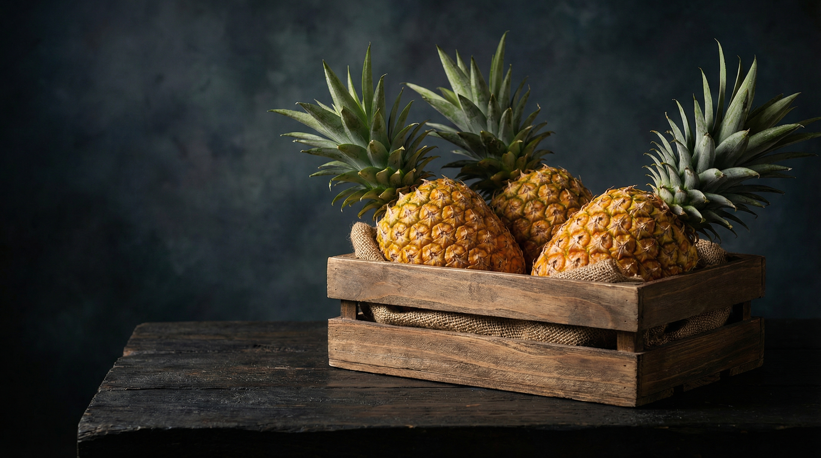 Premium MD2 pineapples in a rustic wooden crate