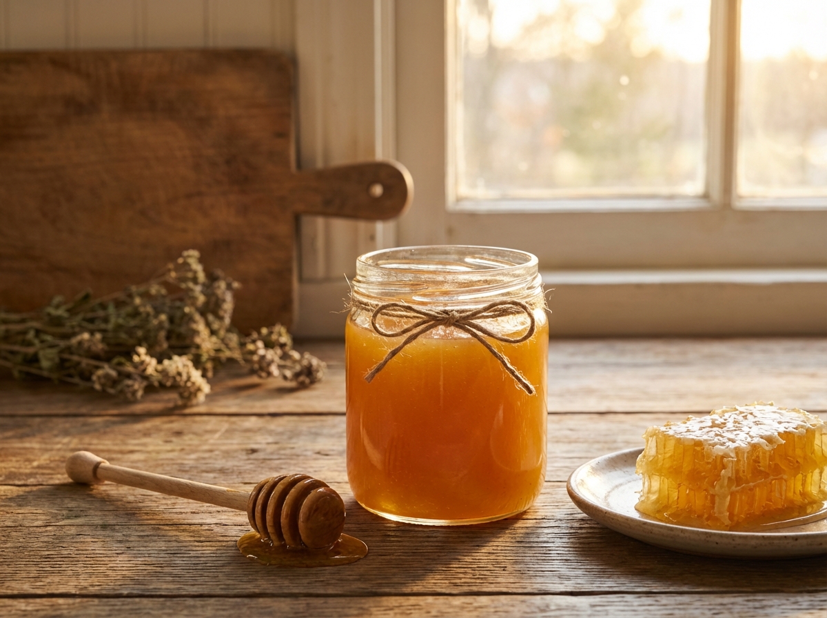 Jar of amber honey pineapple butter with honey dipper and honeycomb on rustic wood