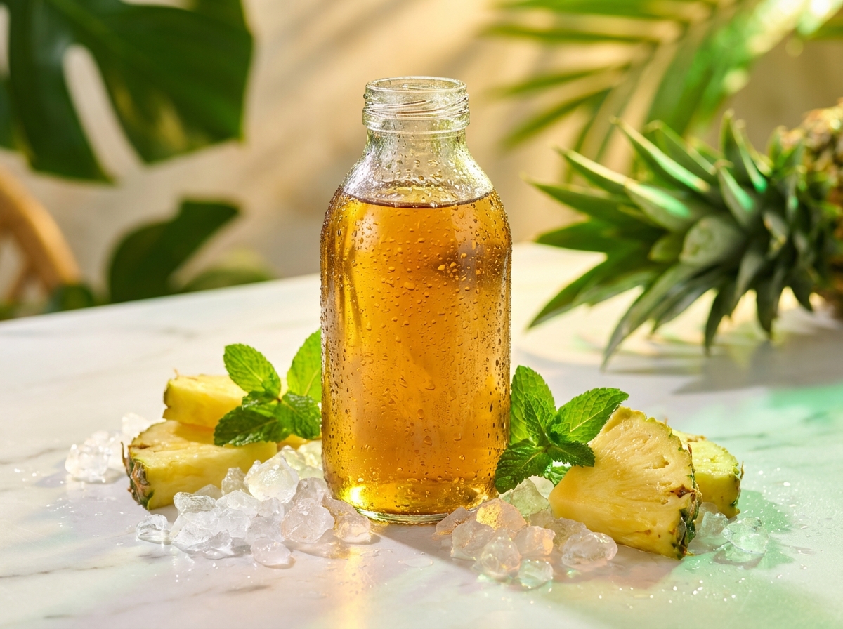 Glass bottle of pineapple cold brew concentrate with ice and fresh pineapple