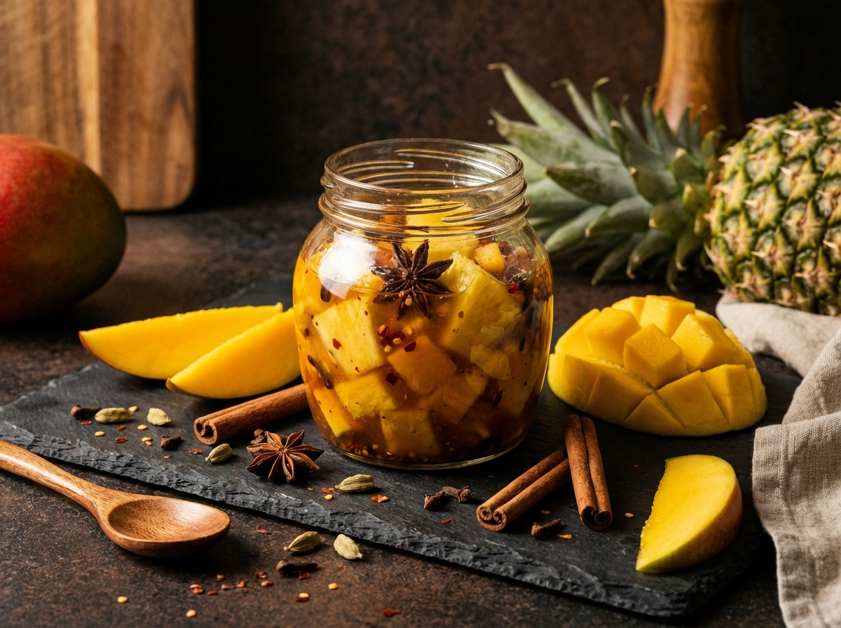 Jar of pineapple-mango chutney with visible fruit chunks and spices on a dark slate board