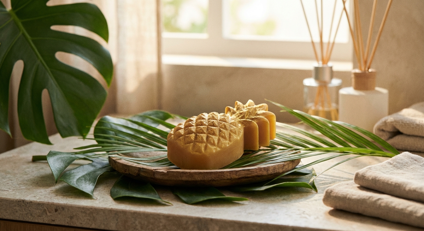 Handmade golden pineapple soap bars on wooden dish with tropical leaves