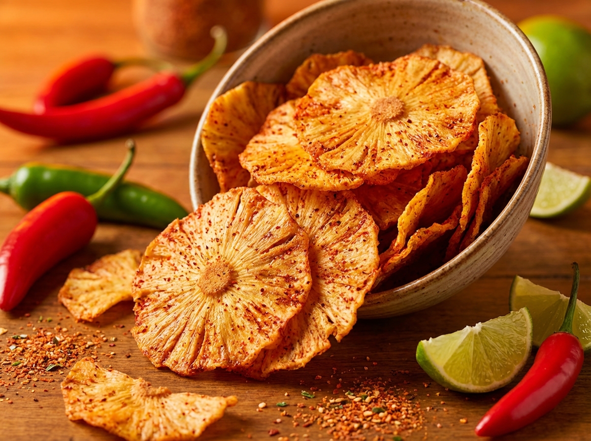 Crispy pineapple chips with chili-lime seasoning in a ceramic bowl with fresh chilies and lime