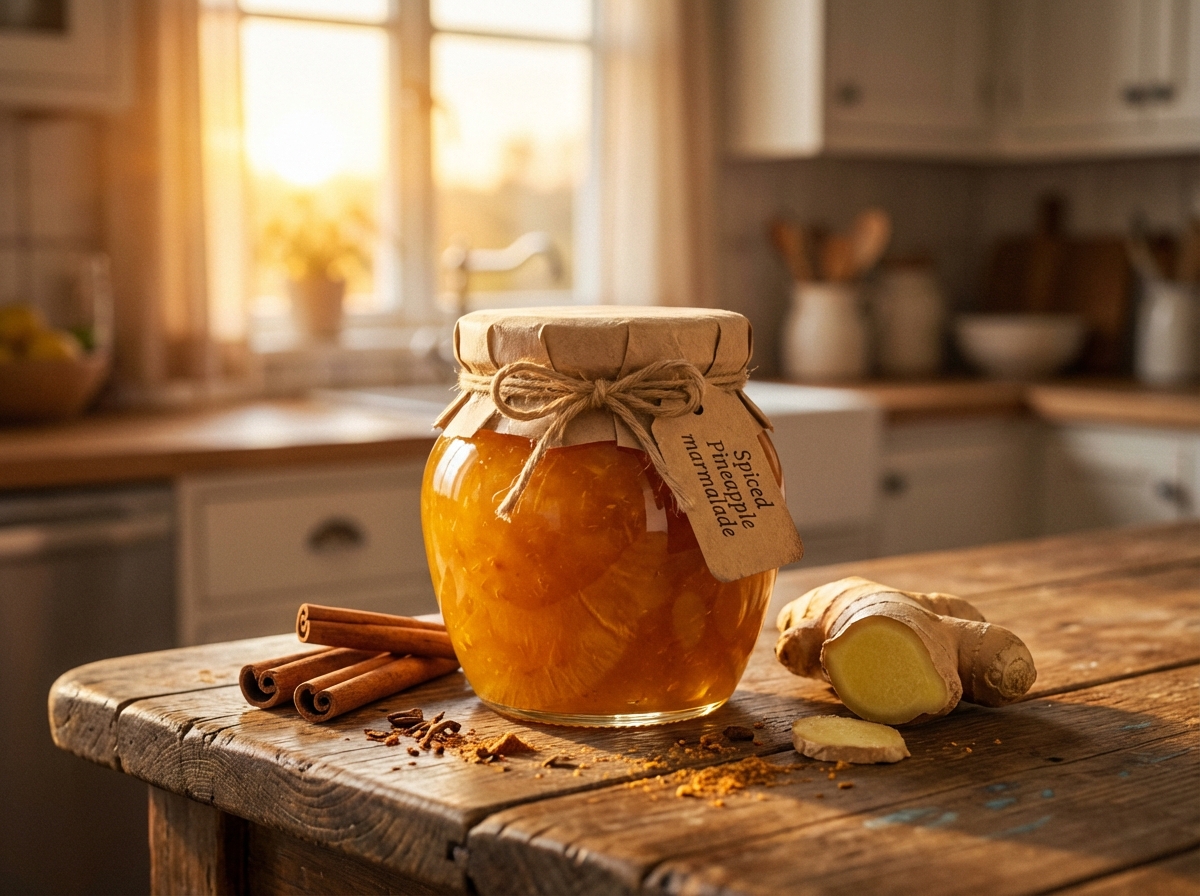 Jar of spiced pineapple marmalade with cinnamon sticks and fresh ginger on a wooden surface