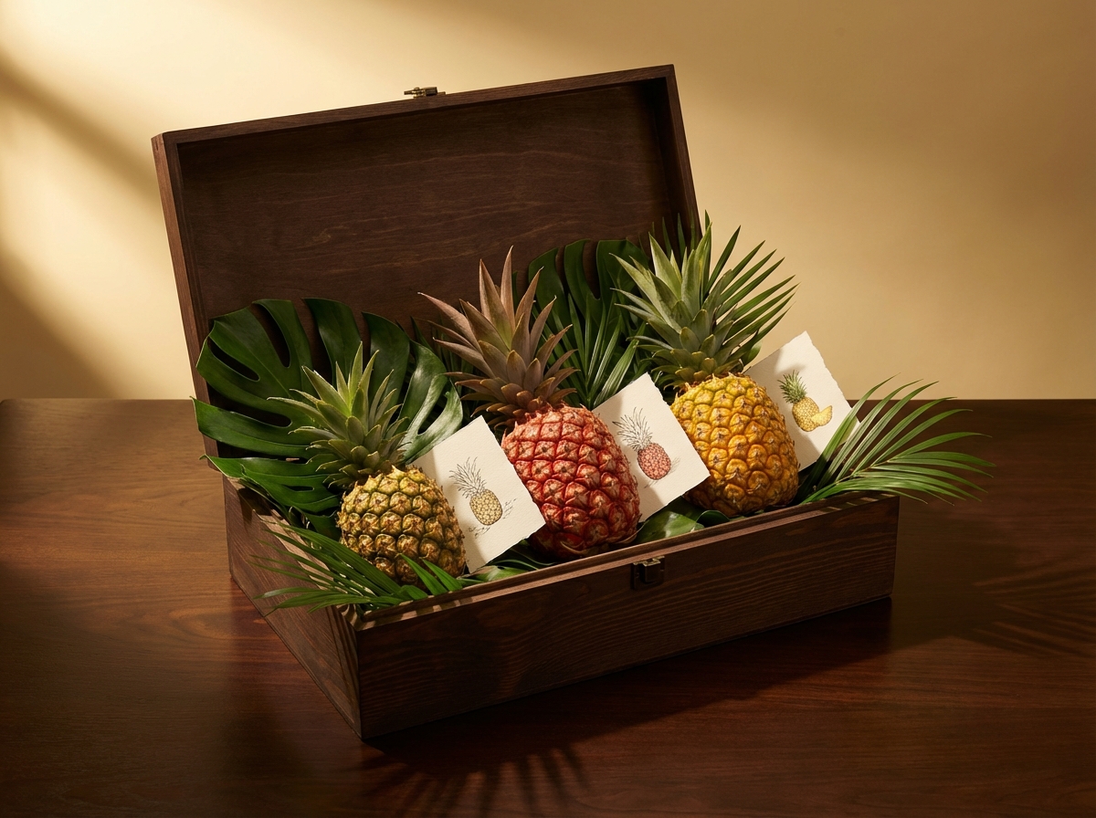 Elegant gift box with three pineapple varieties on tropical leaves with tasting note cards