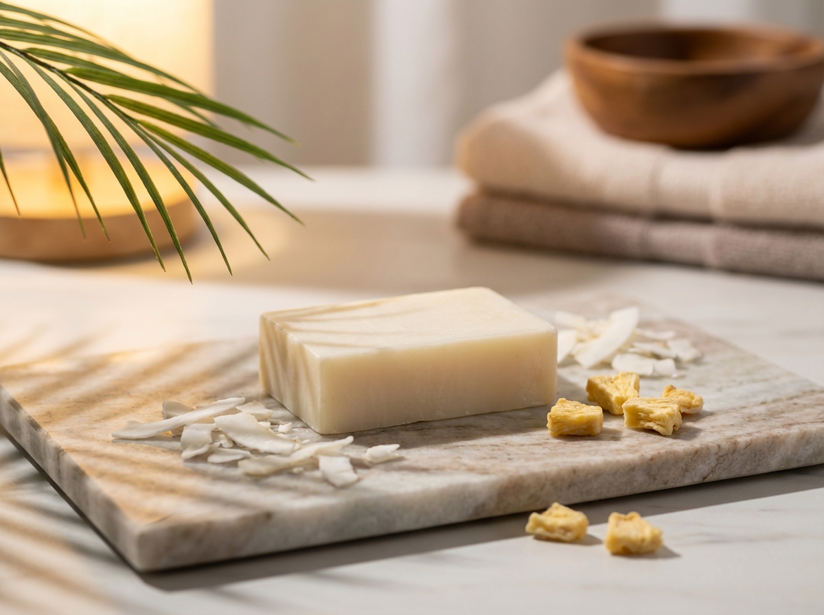 Creamy white coconut body soap bar with coconut shavings and pineapple on marble