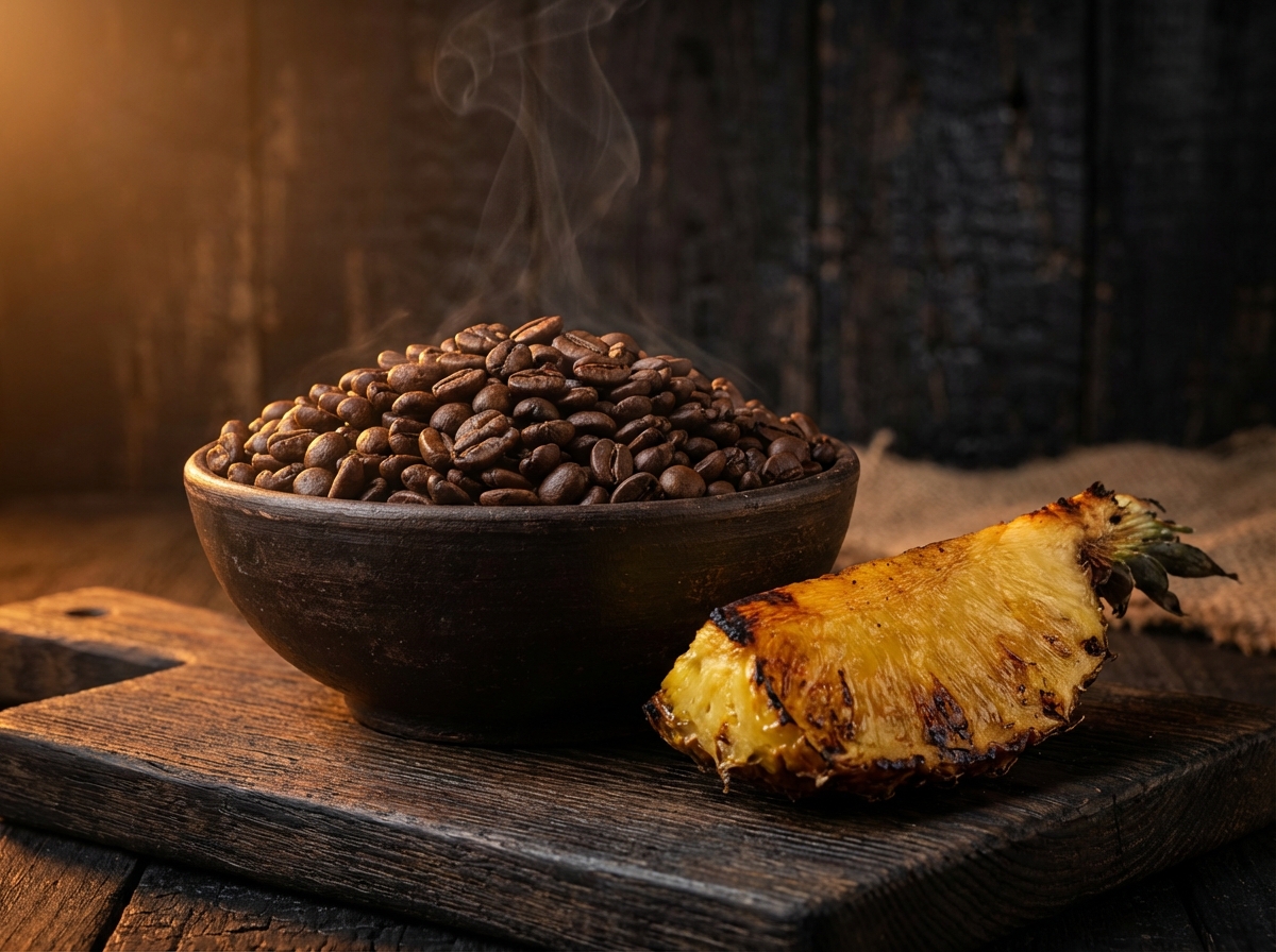 Dark roast coffee beans with tropical pineapple elements in warm moody lighting
