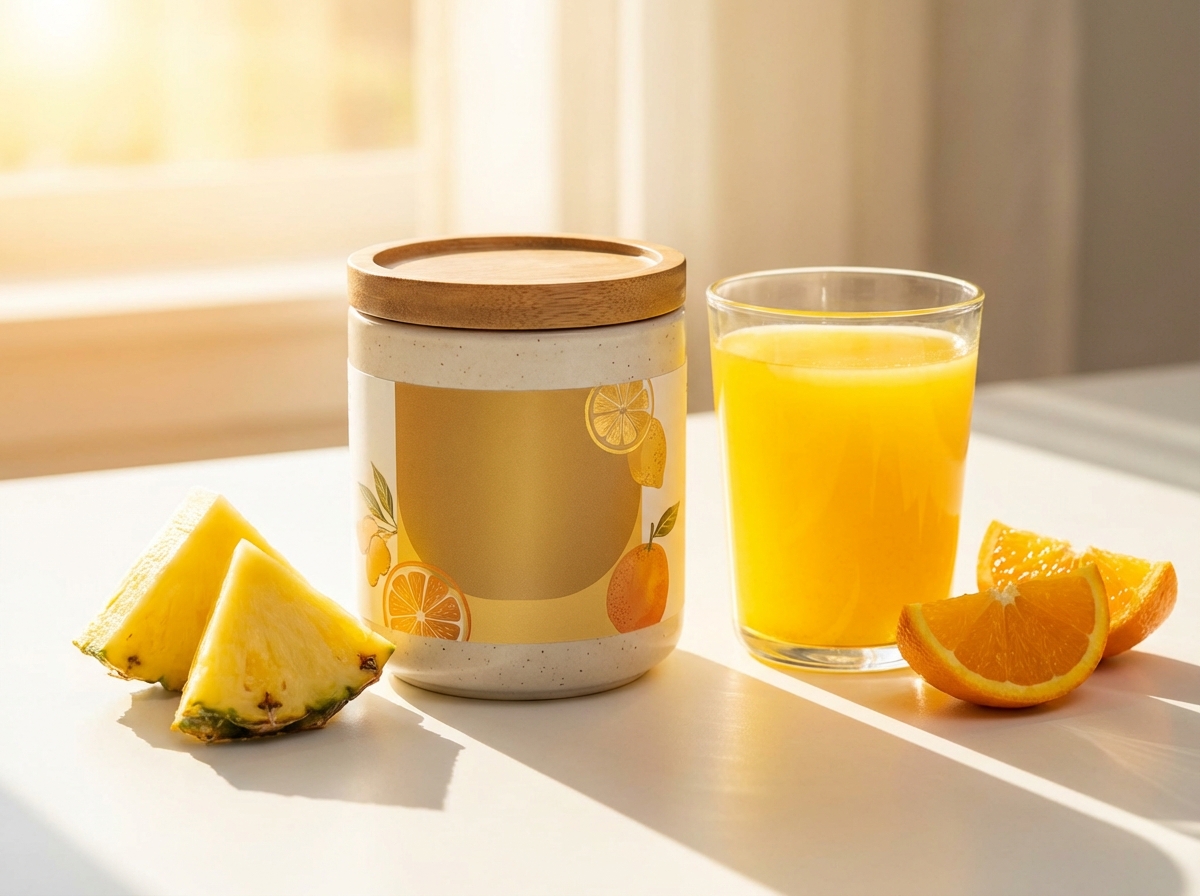 Immunity powder container with golden drink, pineapple wedges and orange slices