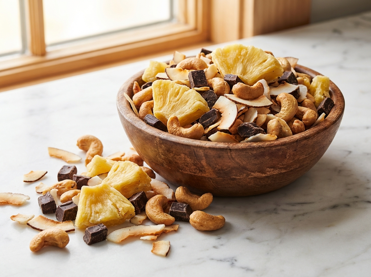Tropical trail mix with dried pineapple, cashews, coconut flakes, and dark chocolate in a rustic wooden bowl